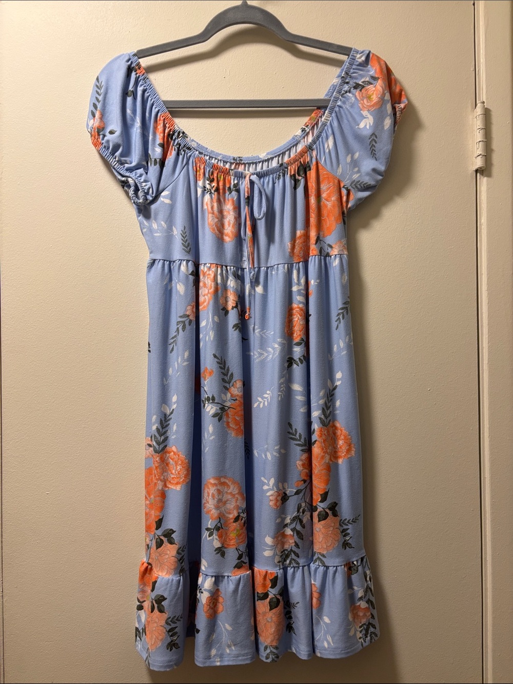 SO Blue Dress with Orange Floral Print and Puff Sleeves